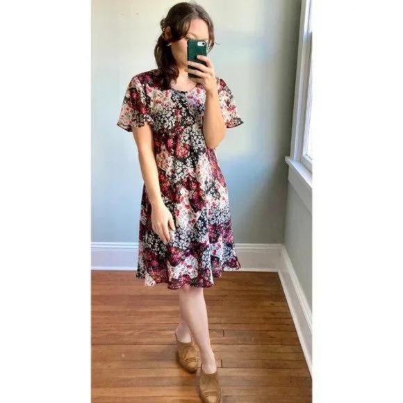 Vintage 90s Floral Rose Ruffle Flutter Cottagecore Chiffon Dress - Picture 2 of 10